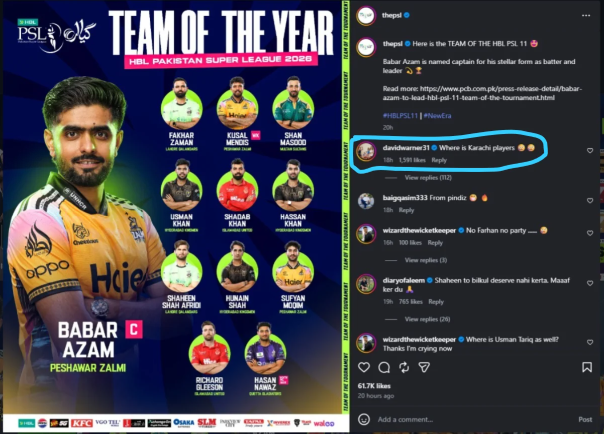 David Warner calls out PSL XI snub as Karachi Kings get zero picks for Team of the Tournament 