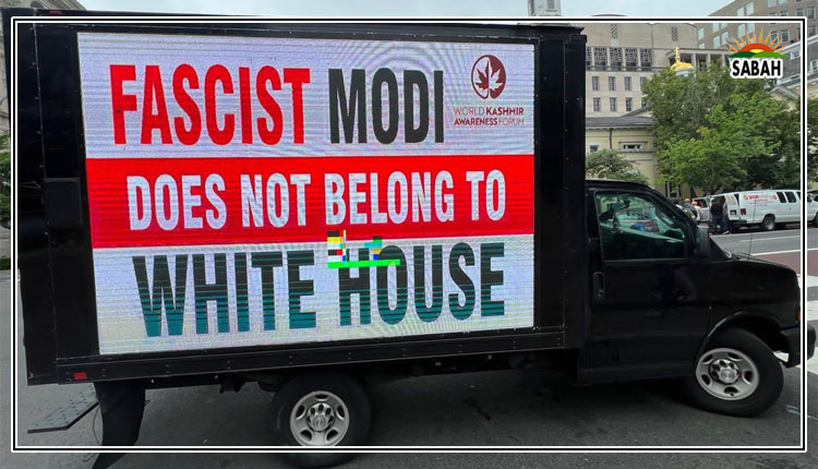 Digital trucks flash message: Fascist Modi does not belong to White House