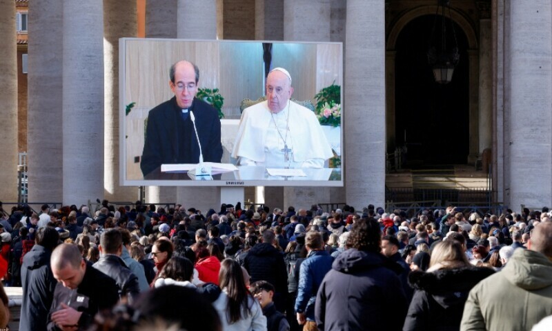 Pope says he has ‘lung inflammation’ as aide reads Sunday message for him
