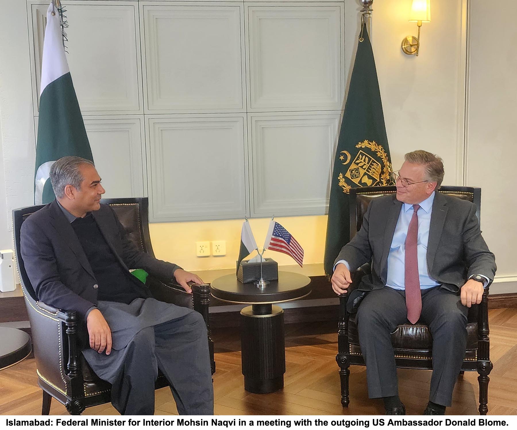 Mohsin Naqvi, US ambassador exchange views on Pak-US ties